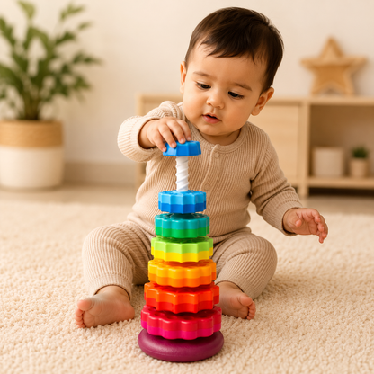 Rainbow spinning stacker